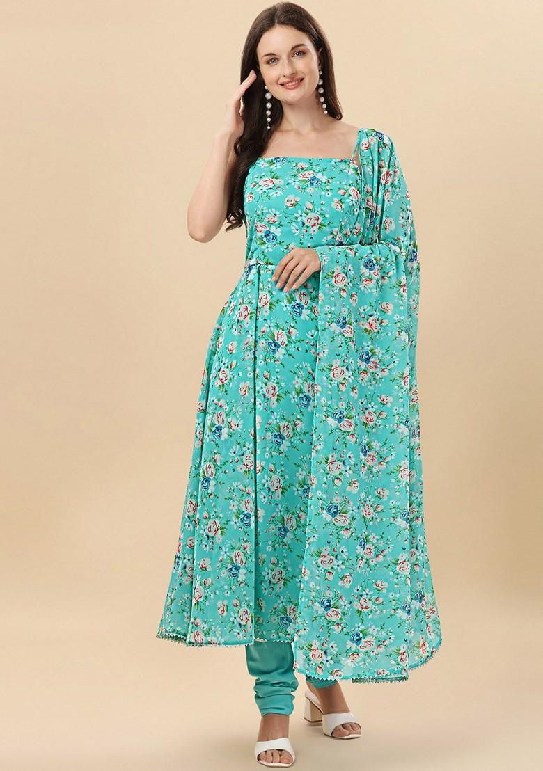 Turquoise Blue Floral Print Poly Blend Kurta Set With Dupatta