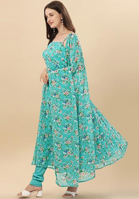 Turquoise Blue Floral Print Poly Blend Kurta Set With Dupatta