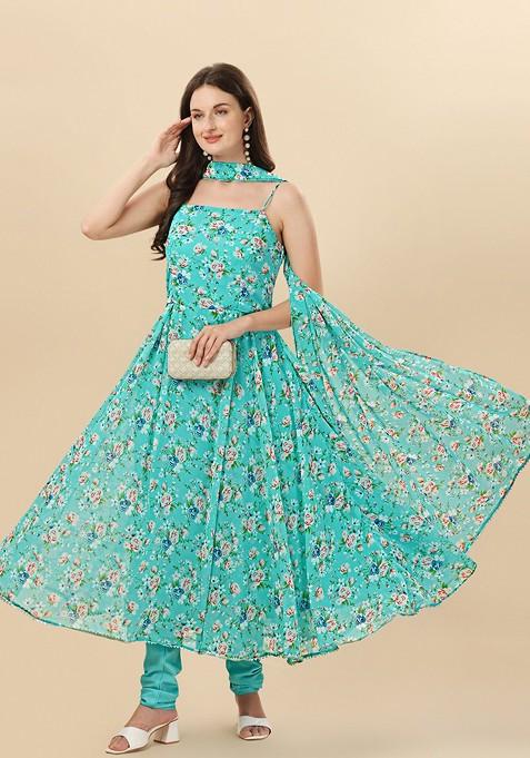 Turquoise Blue Floral Print Poly Blend Kurta Set With Dupatta