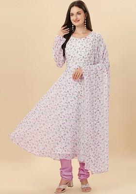 White Floral Print Poly Blend Kurta Set