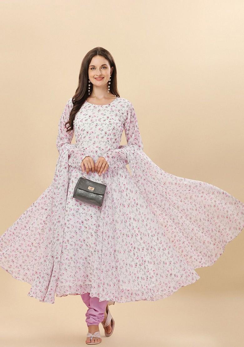 White Floral Print Poly Blend Kurta Set