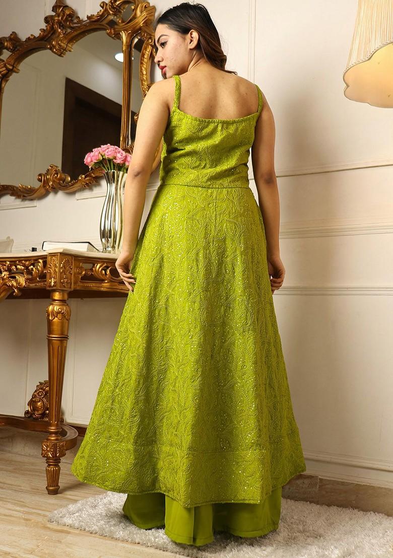 Green Floral Embroidered Poly Blend Kurta Set