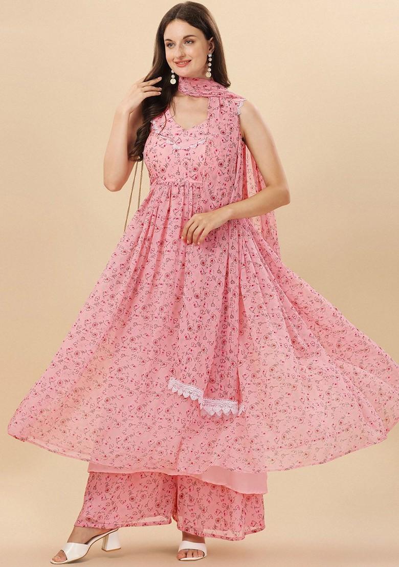 Pink Floral Print Poly Blend Kurta Set