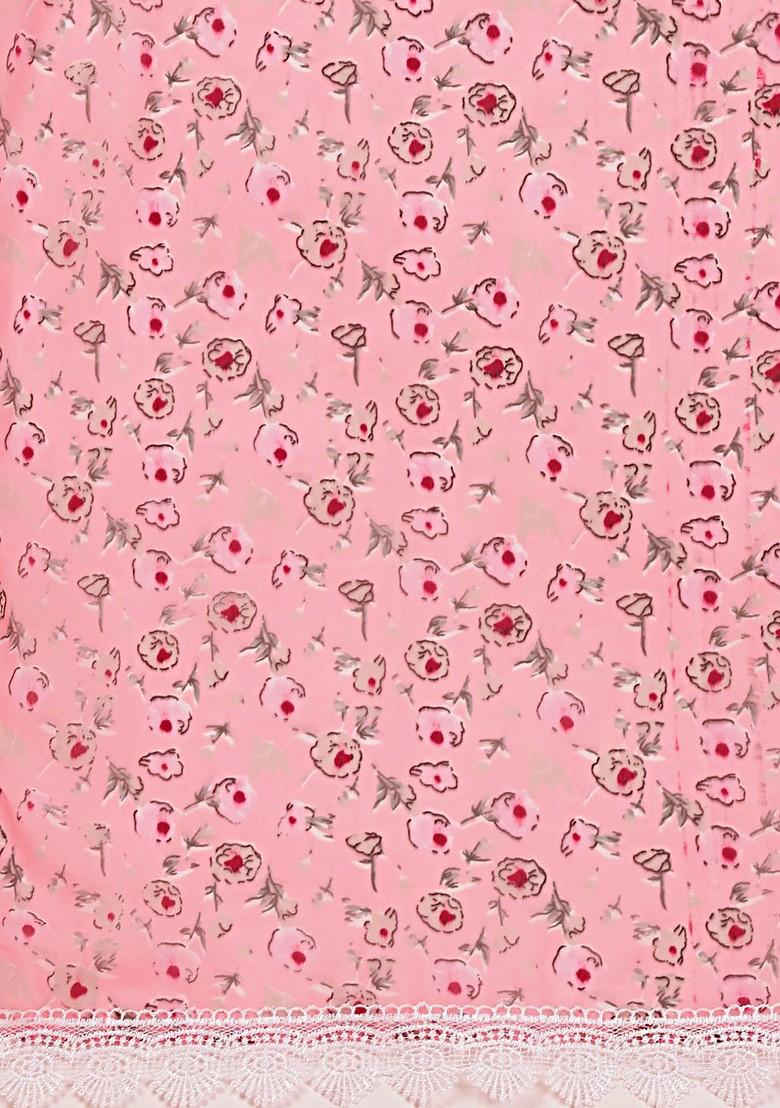 Pink Floral Print Poly Blend Kurta Set