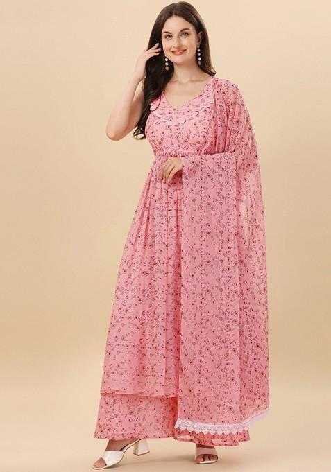 Pink Floral Print Poly Blend Kurta Set