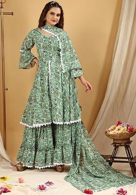 Green Abstract Print Poly Blend Kurta Set