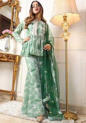 Green Floral Print Poly Blend Kurta Set