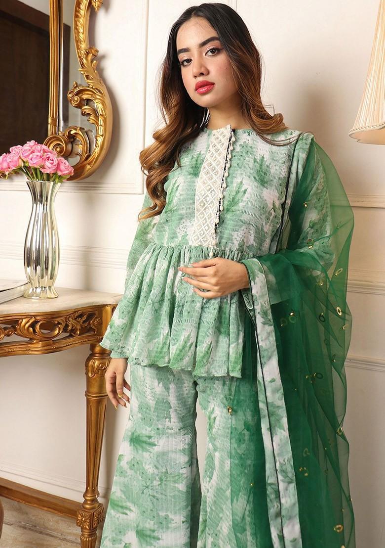 Green Floral Print Poly Blend Kurta Set