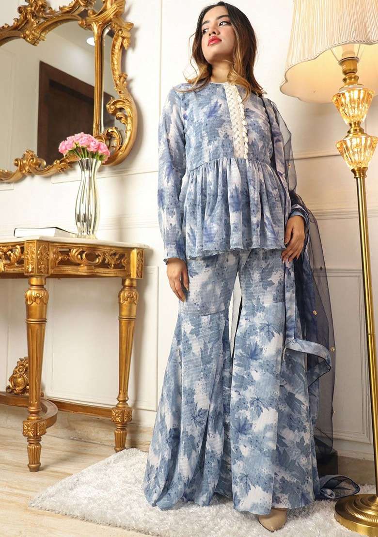 Grey Floral Print Poly Blend Kurta Set - Indya