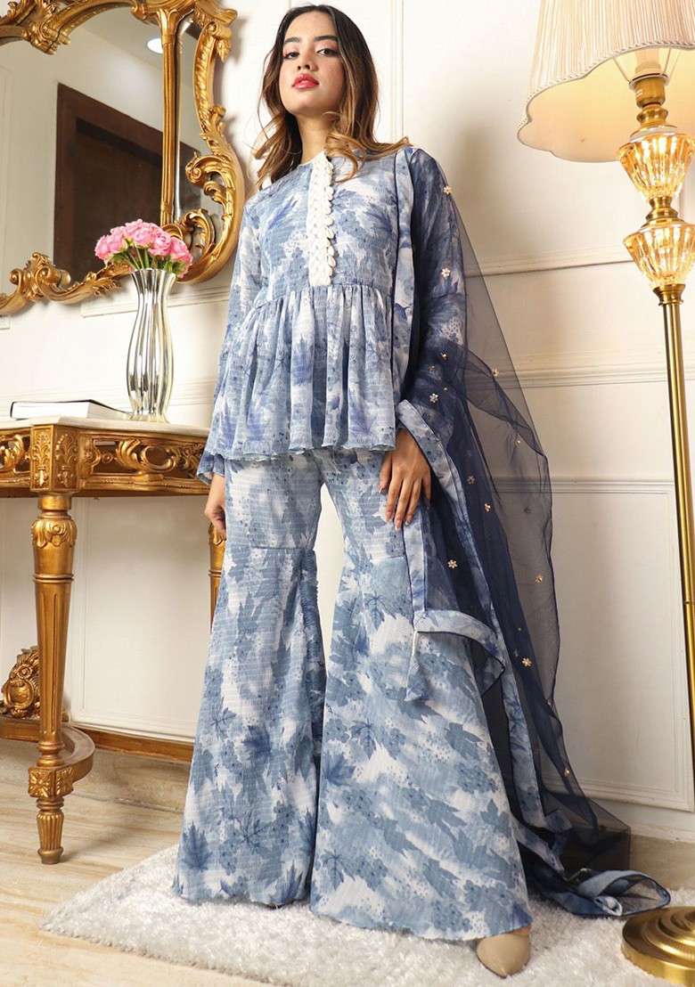 Grey Floral Print Poly Blend Kurta Set - Indya