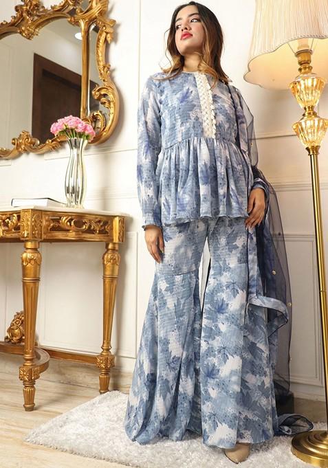 Grey Floral Print Poly Blend Kurta Set