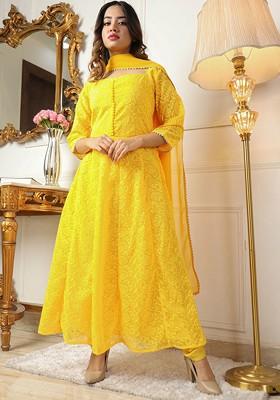 Yellow Ethnic Motifs Embroidery Poly Blend Kurta Set