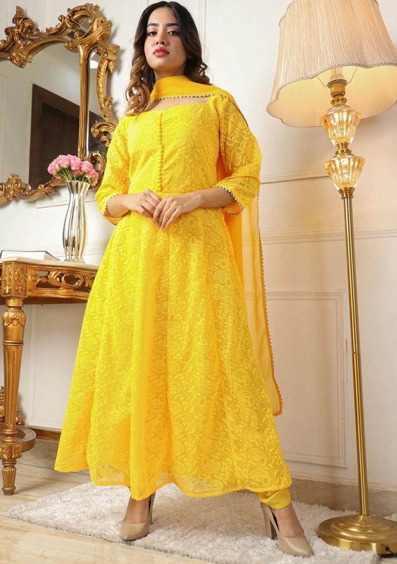 Yellow Ethnic Motifs Embroidery Poly Blend Kurta Set With Dupatta