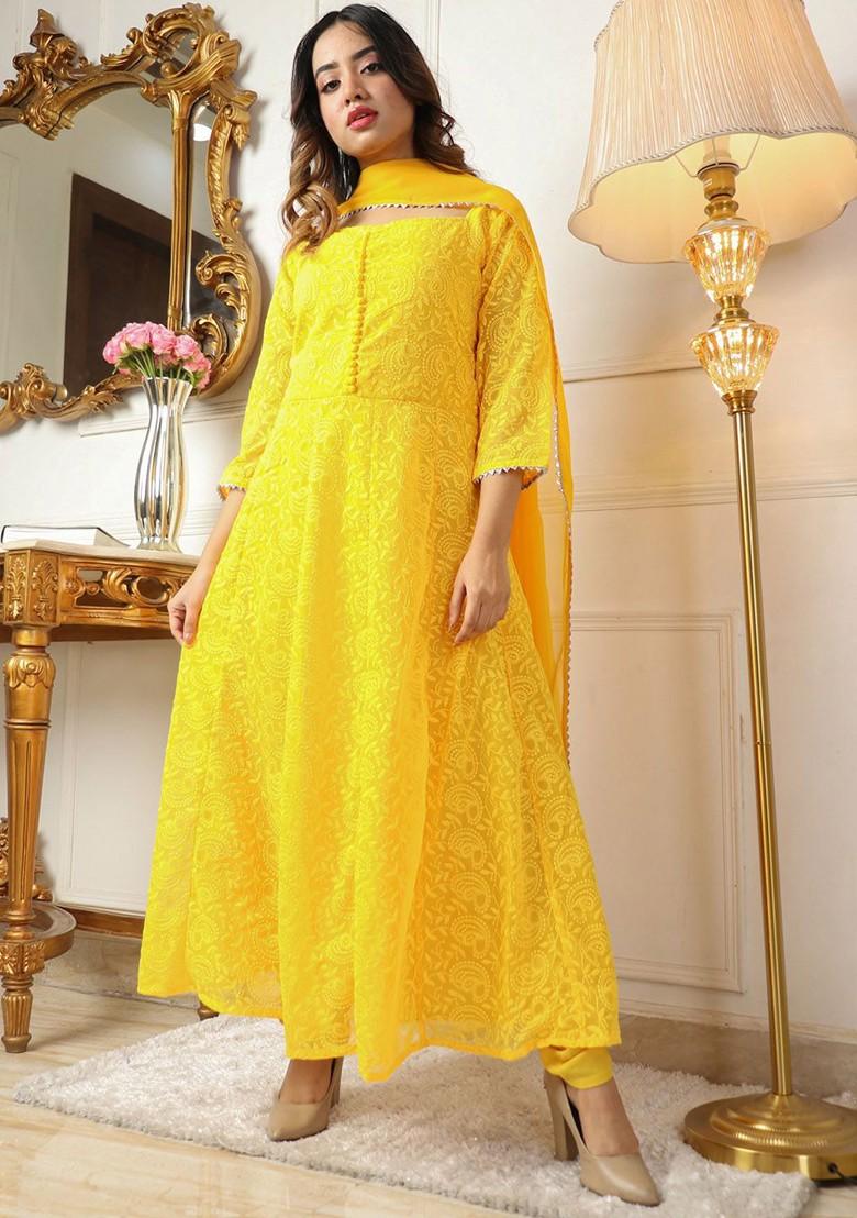 Yellow Ethnic Motifs Embroidery Poly Blend Kurta Set