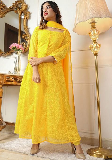 Yellow Ethnic Motifs Embroidery Poly Blend Kurta Set With Dupatta