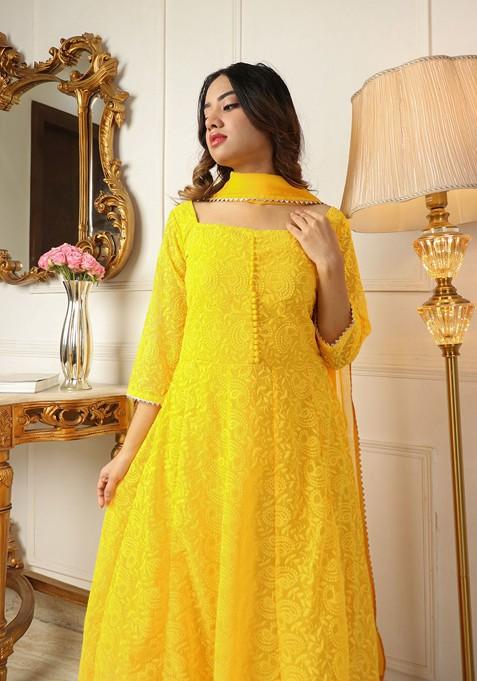 Yellow Ethnic Motifs Embroidery Poly Blend Kurta Set With Dupatta