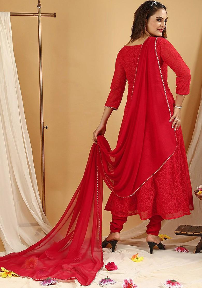 Red Floral Embroidered Poly Blend Kurta Set