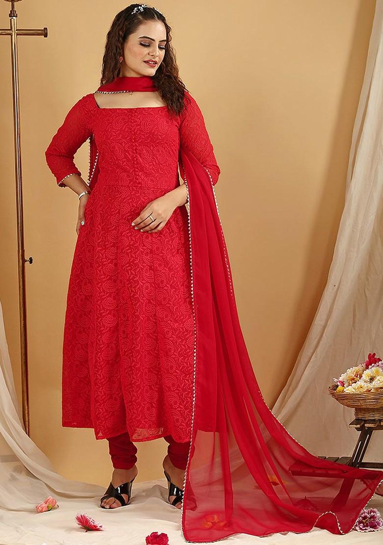Red Floral Embroidered Poly Blend Kurta Set