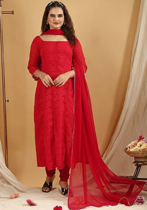 Red Chikankari Poly Pakistani Suit Set