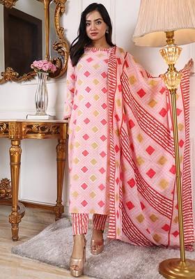 Pink Printed Poly Blend Kurta Set