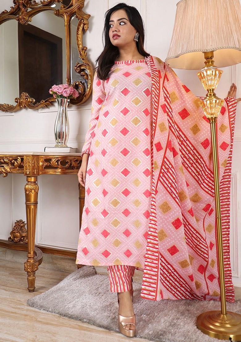 Pink Printed Poly Blend Kurta Set
