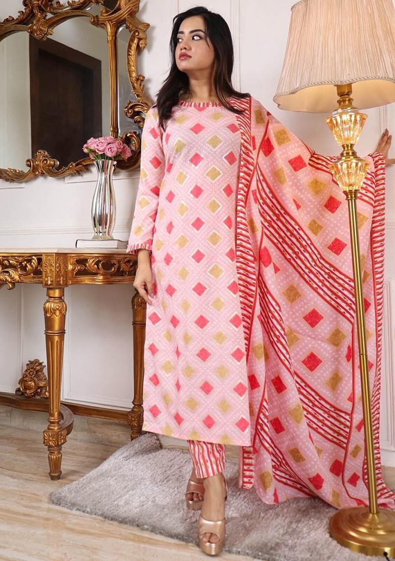 Pink Printed Poly Blend Kurta Set