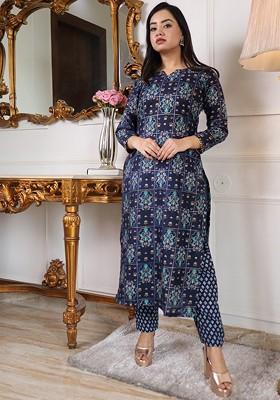 Navy Blue Floral Print Poly Blend Kurta Set