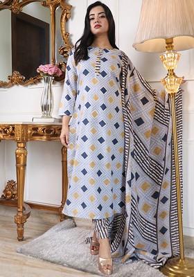 Grey Printed Poly Blend Kurta Set
