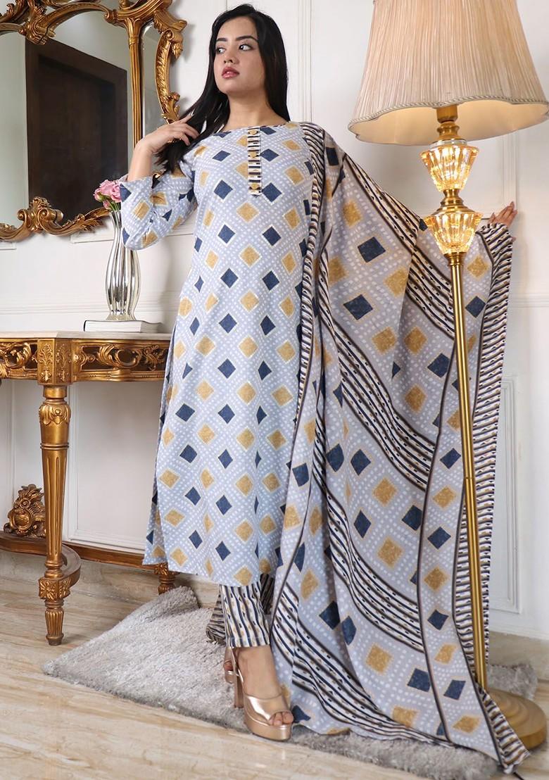 Grey Printed Poly Blend Kurta Set
