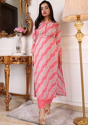 Pink Printed Poly Blend Kurta Set