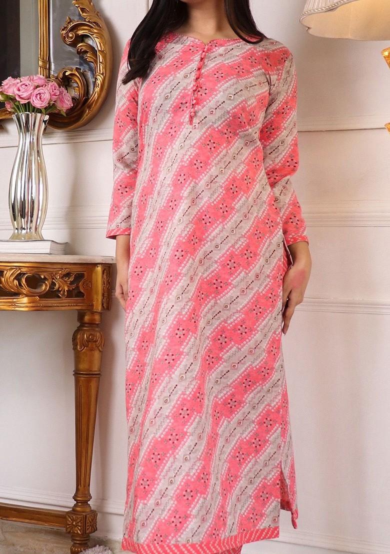 Pink Printed Poly Blend Kurta Set