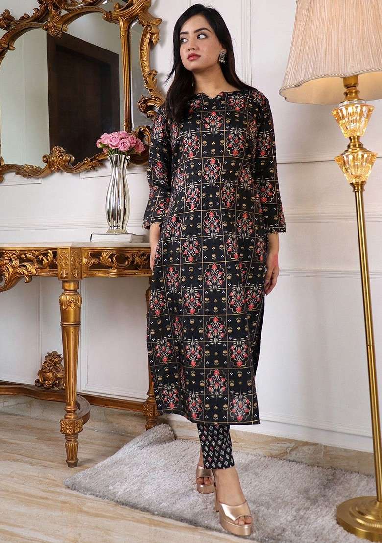Black Floral Print Poly Blend Kurta Set - Indya