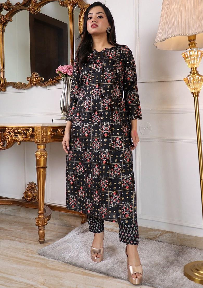 Black Floral Print Poly Blend Kurta Set