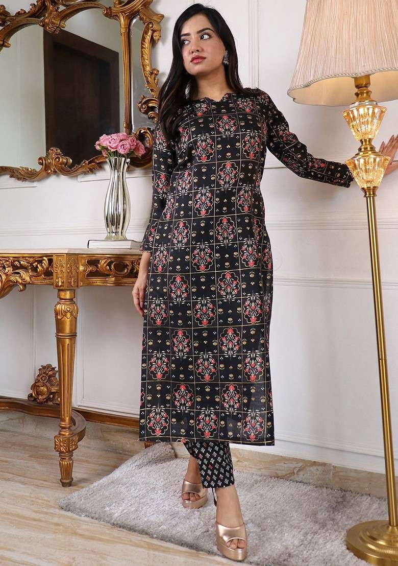 Black Floral Print Poly Blend Kurta Set - Indya