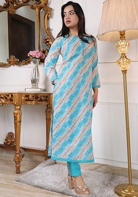 Turquoise Blue Printed Poly Blend Kurta Set