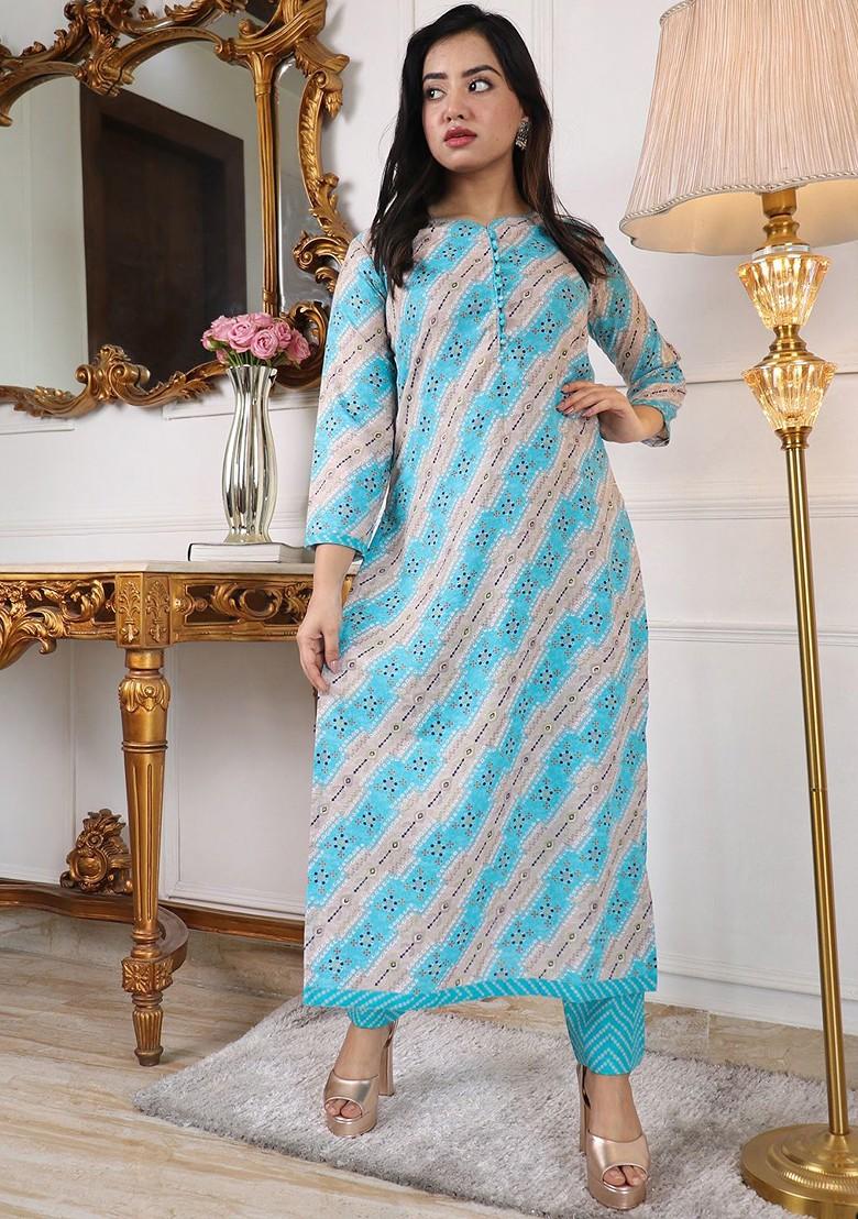 Turquoise Blue Printed Poly Blend Kurta Set