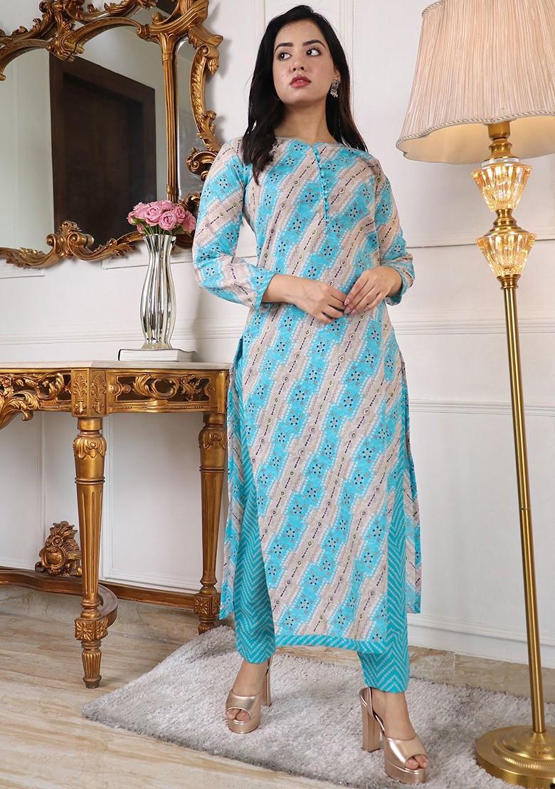Turquoise Blue Printed Poly Blend Kurta Set
