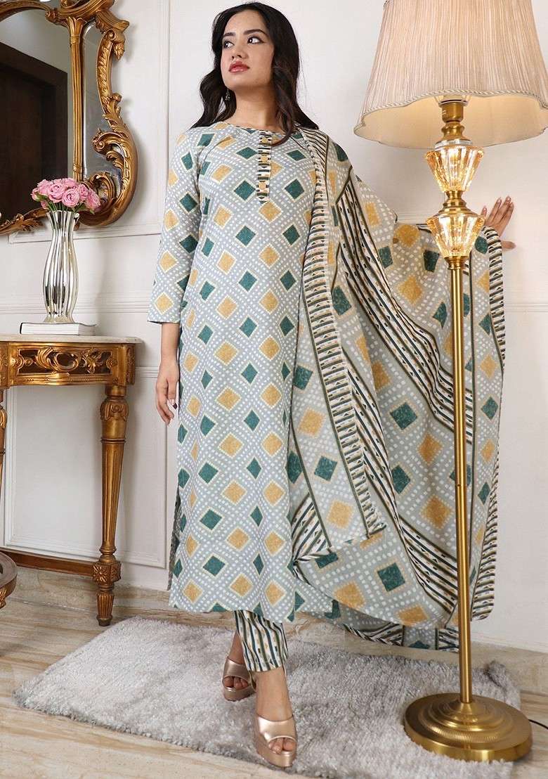 Grey Printed Poly Blend Kurta Set With Dupatta - Indya