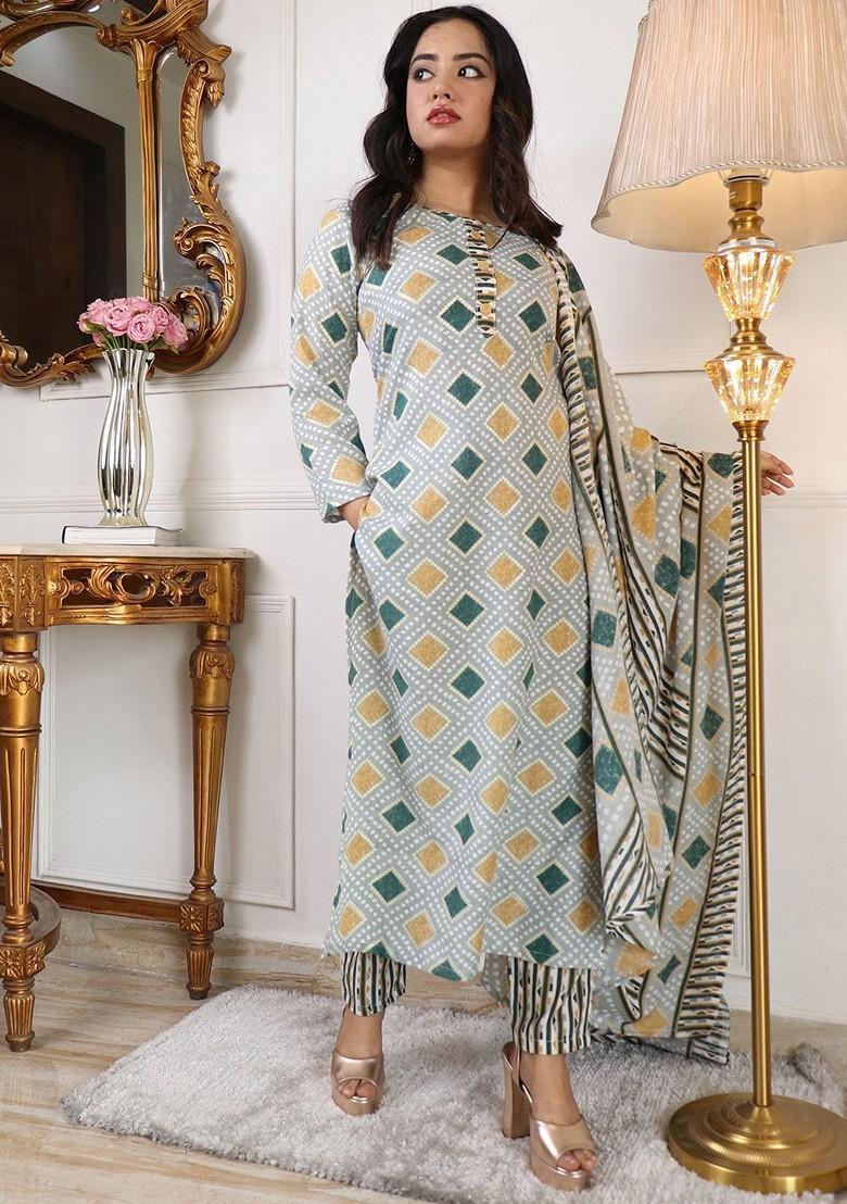 Grey Printed Poly Blend Kurta Set