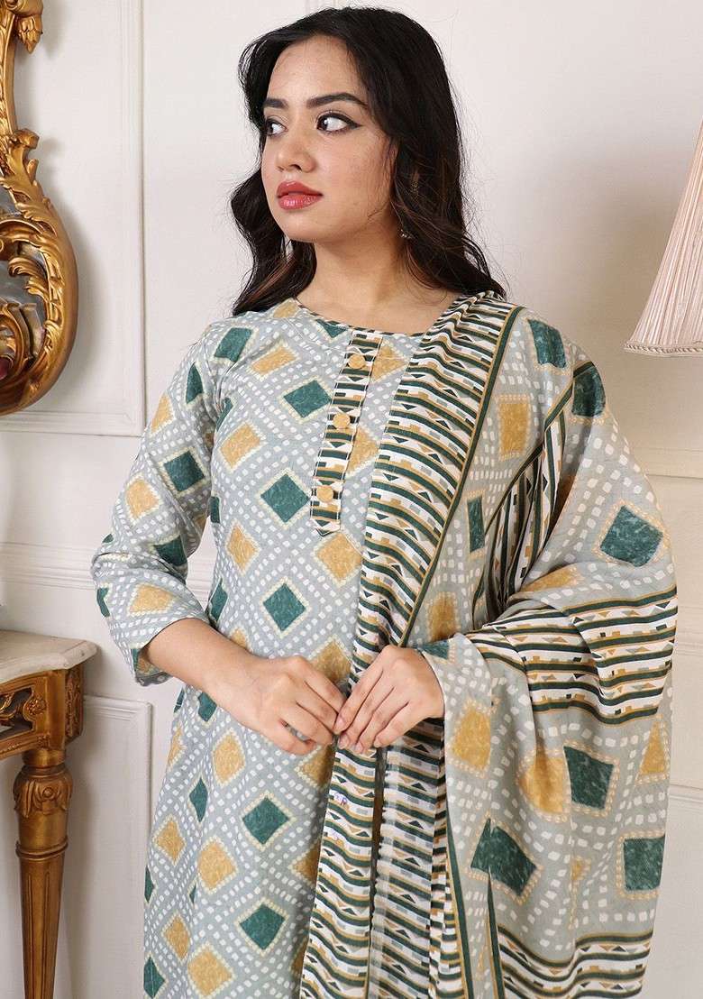 Grey Printed Poly Blend Kurta Set With Dupatta - Indya