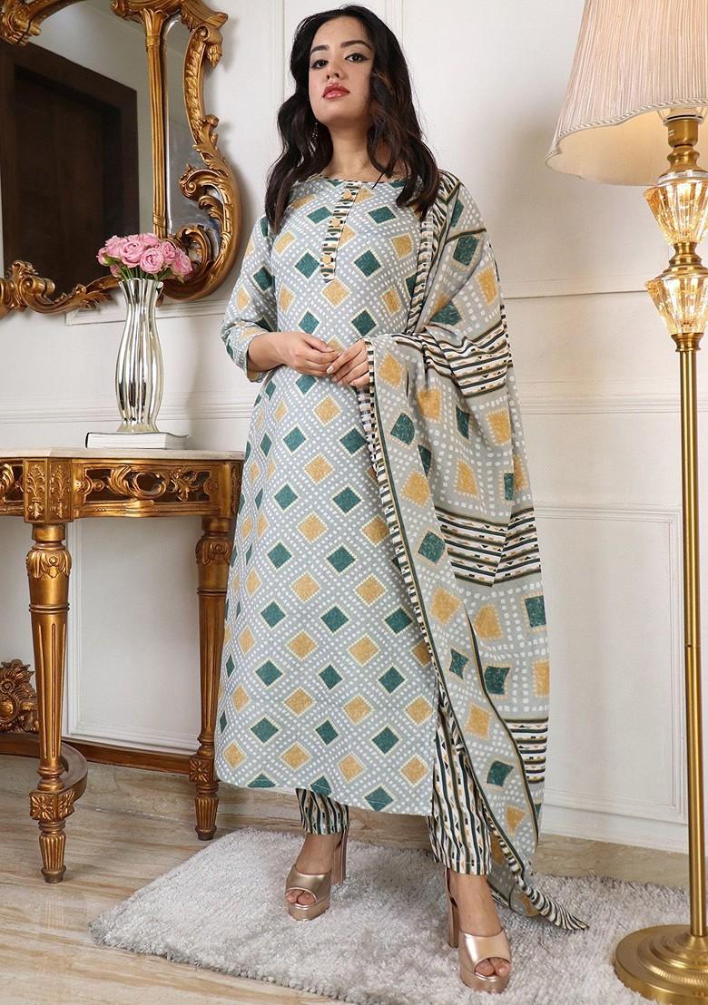 Grey Printed Poly Blend Kurta Set