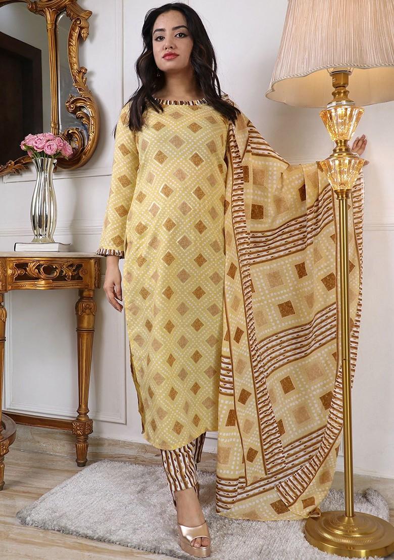 Cream Printed Poly Blend Kurta Set