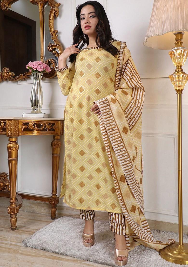 Cream Printed Poly Blend Kurta Set
