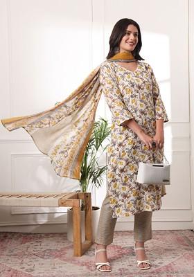 White Floral Print Cotton Kurta Set