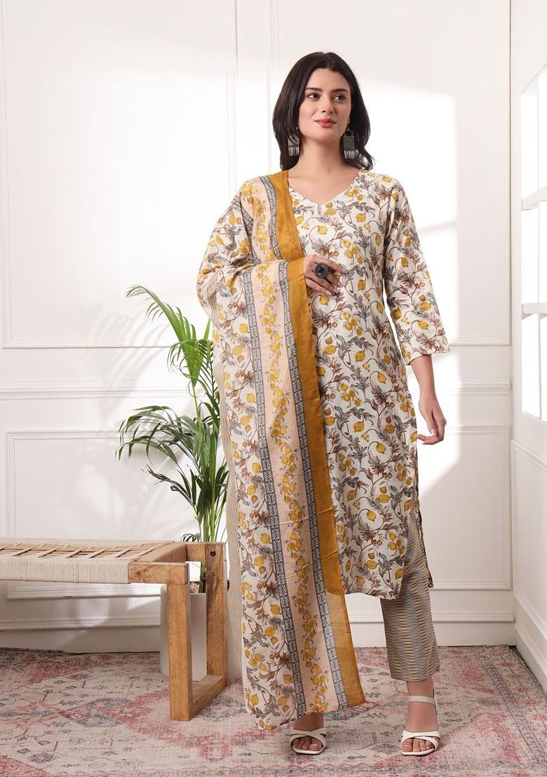 White Floral Print Cotton Kurta Set