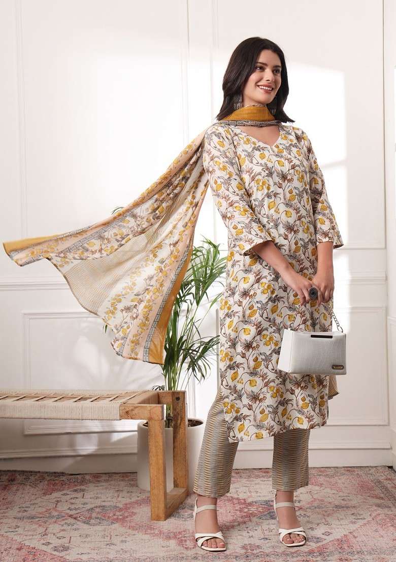 White Floral Print Cotton Straight Kurta Set - Indya