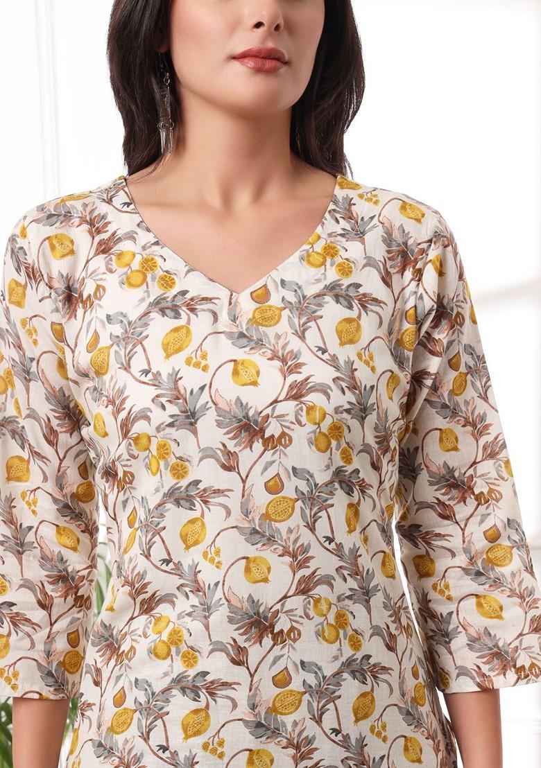 White Floral Print Cotton Kurta Set