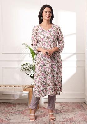 White Floral Print Cotton Kurta Set