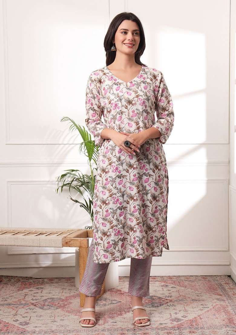 White Floral Print Cotton Straight Kurta Set - Indya