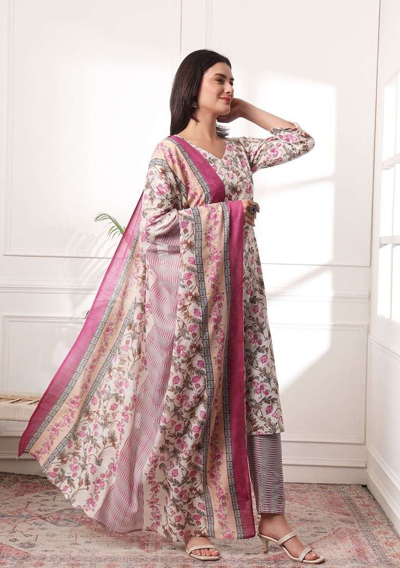 White Floral Print Cotton Straight Kurta Set - Indya